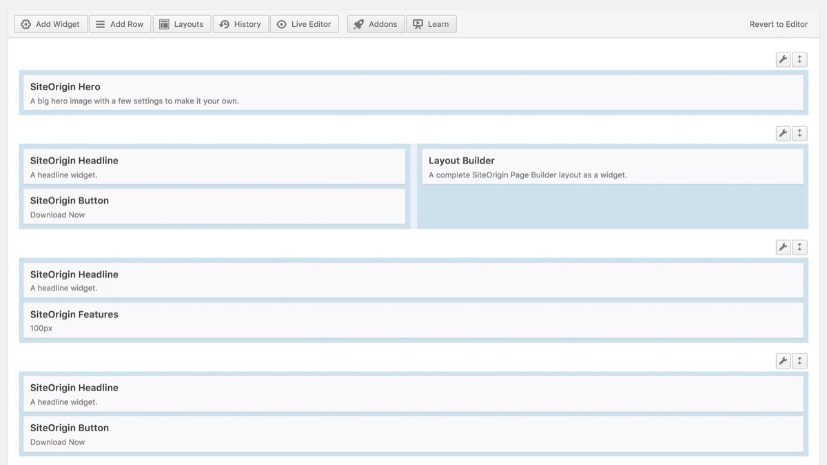 SiteOrigin Page Builder drag-and-drop interface