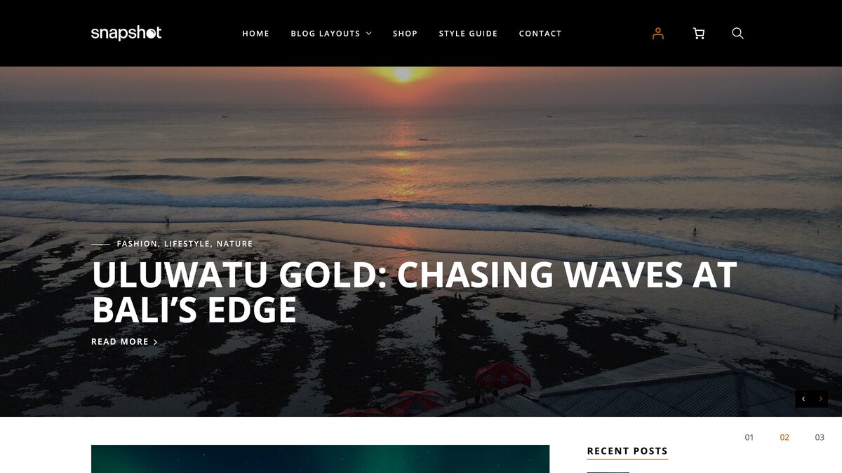Snapshot Posts Slider showing a sunset surf photo from Bali with the post title, category, and slide arrows