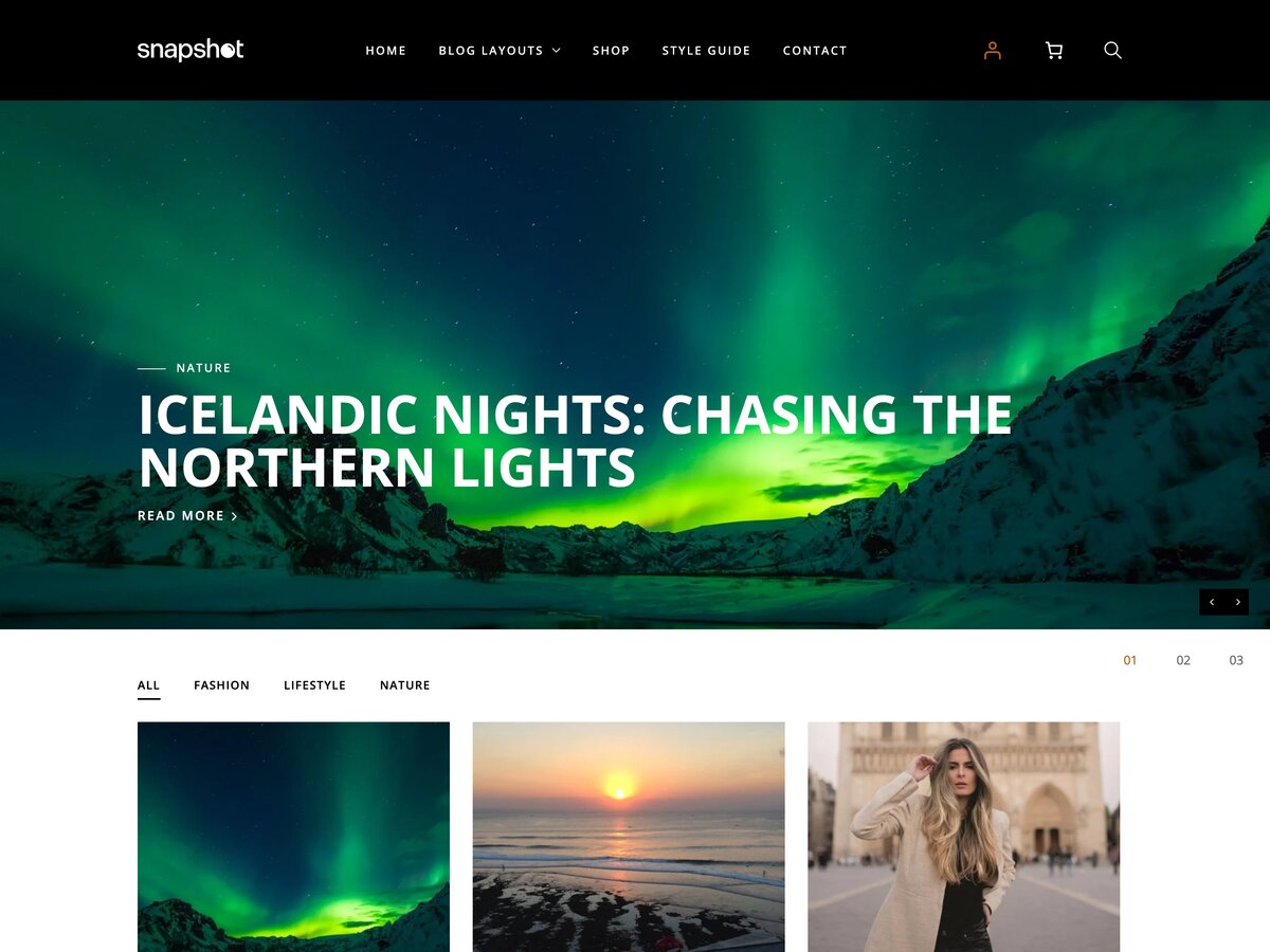 SiteOrigin Snapshot demo home page with a full-width Posts Slider showing a northern lights photo above a grid of travel and fashion photographs