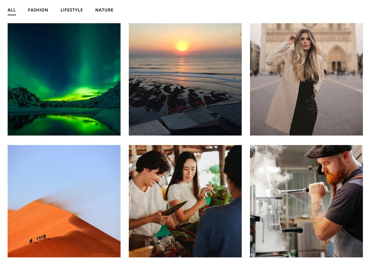 Snapshot demo photo grid with All, Fashion, Lifestyle, and Nature filters above photos of the northern lights, a Bali sunset, Paris street fashion, desert dunes, a market, and a barista