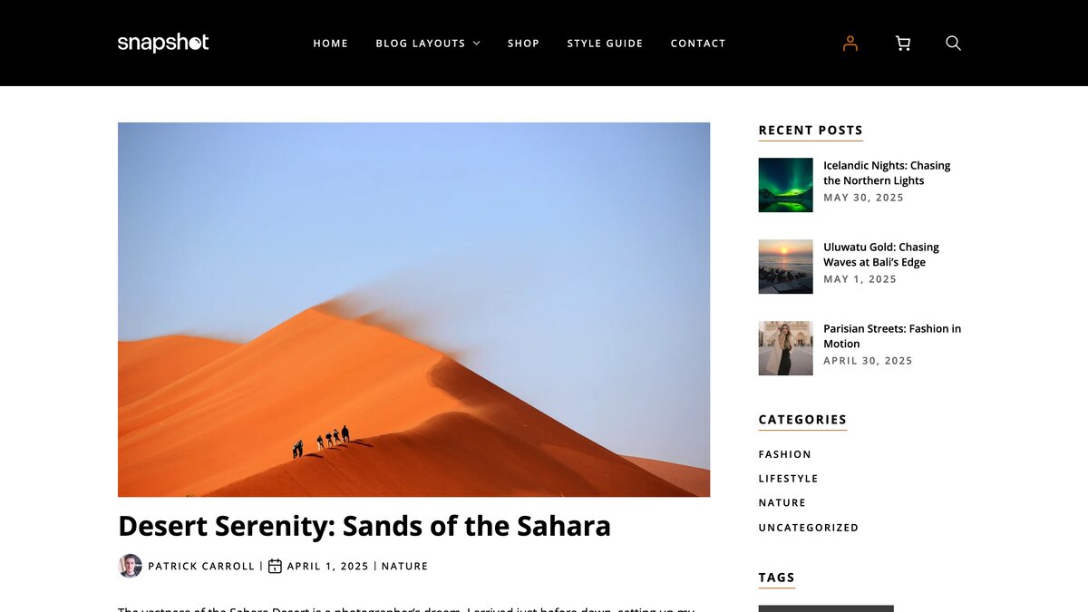 Snapshot single post with a large desert dune photo, post title, author and date, and a sidebar of recent posts and categories