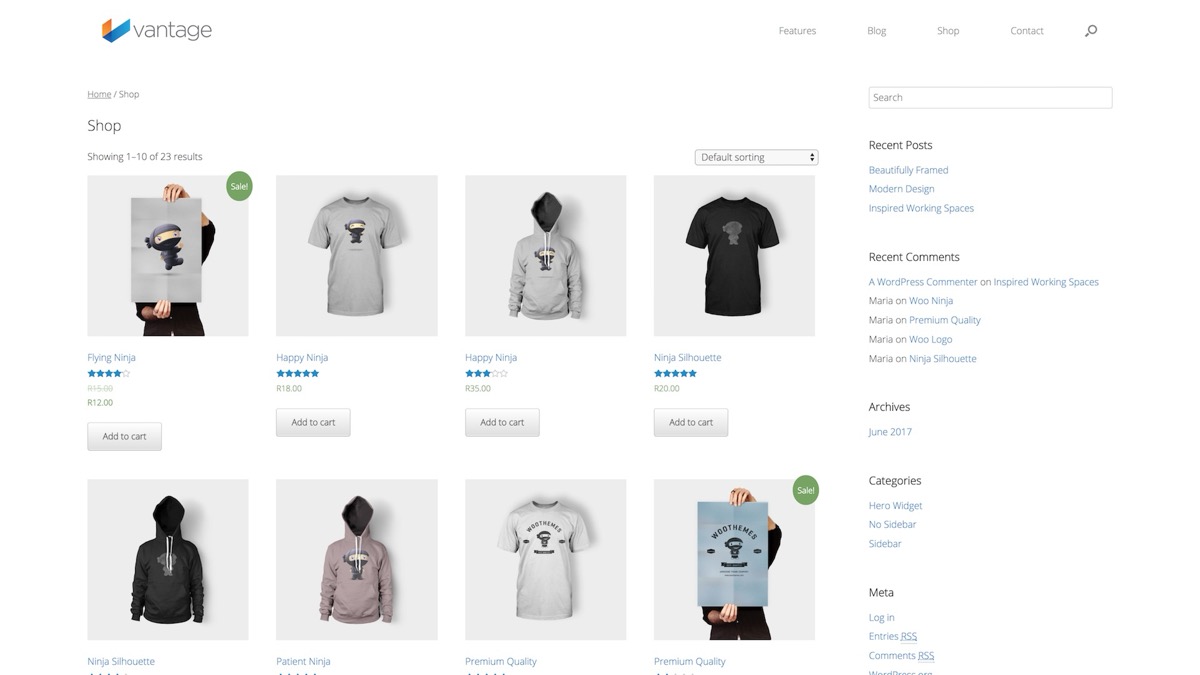 Vantage theme WooCommerce shop page with product grid and sidebar