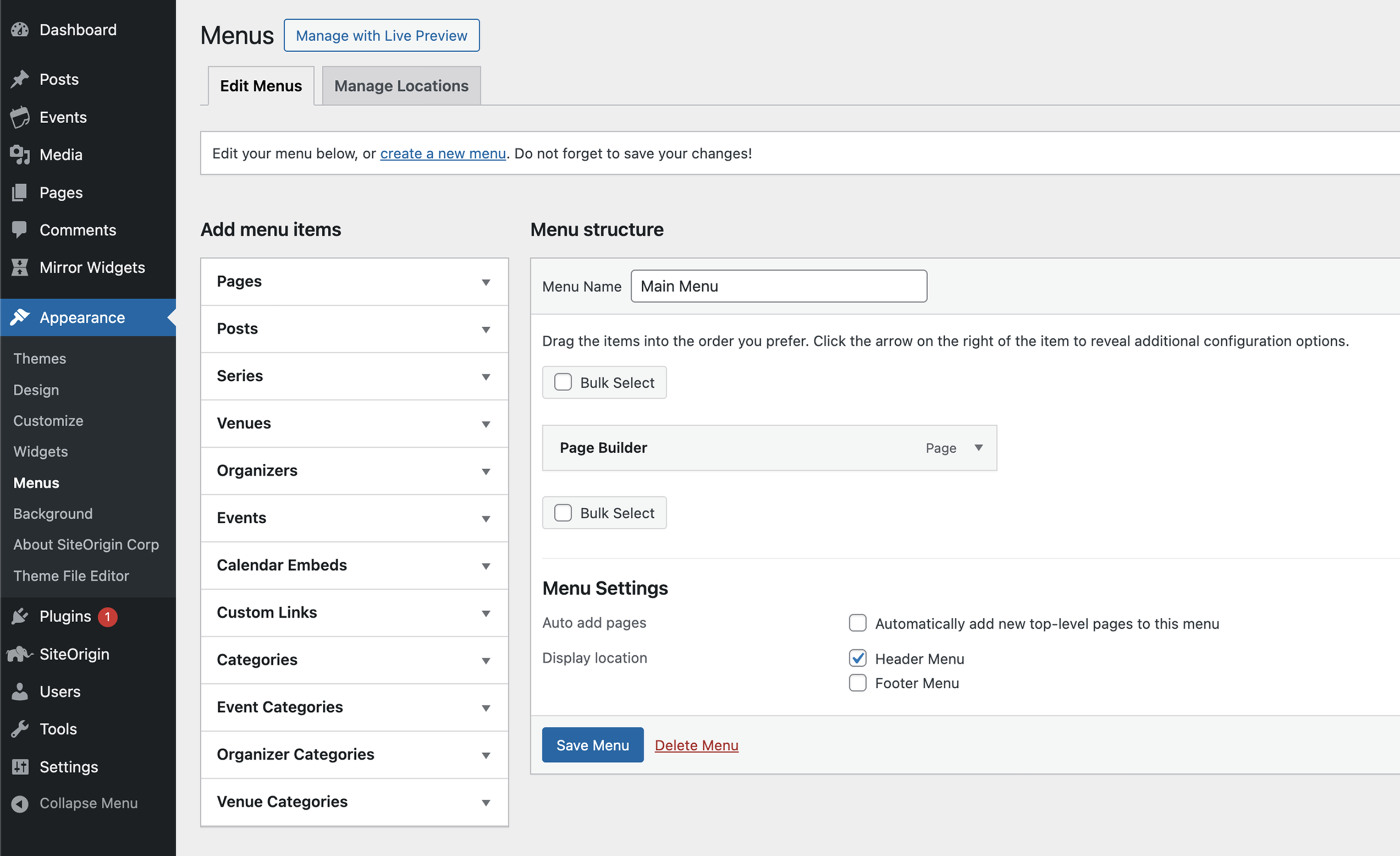 WordPress Menus page showing the Add menu items panel on left and Menu structure on right with Main Menu being edited