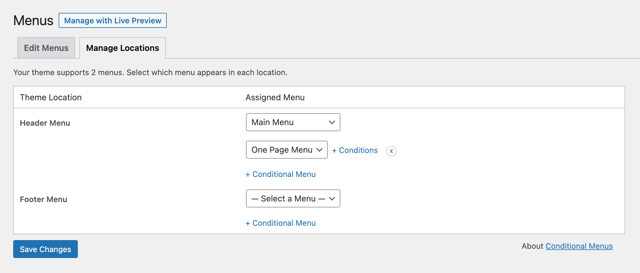 WordPress Manage Locations screen showing conditional menu setup