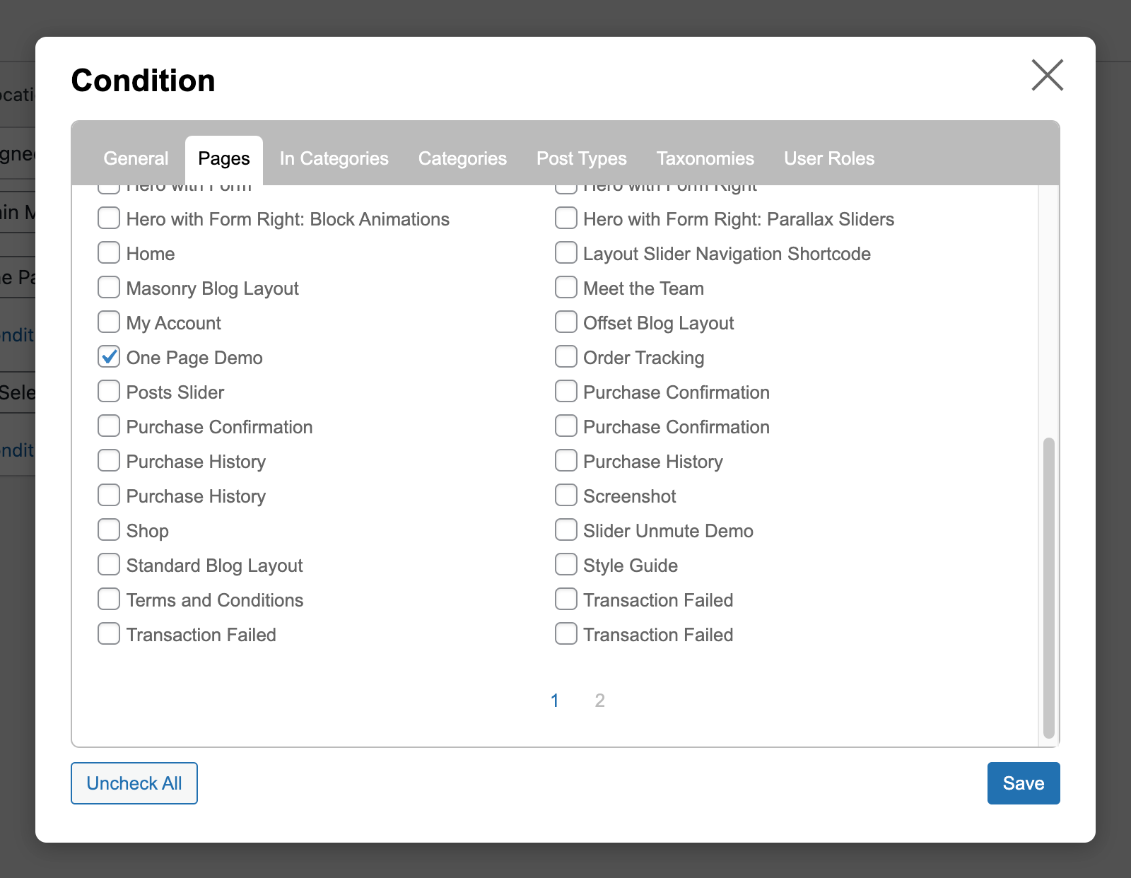 Condition dialog showing page selection for One Page Demo