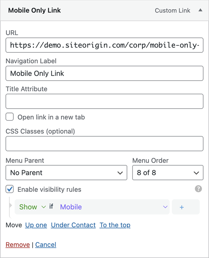 If Menu plugin interface showing visibility rules enabled with Mobile condition selected for a menu item
