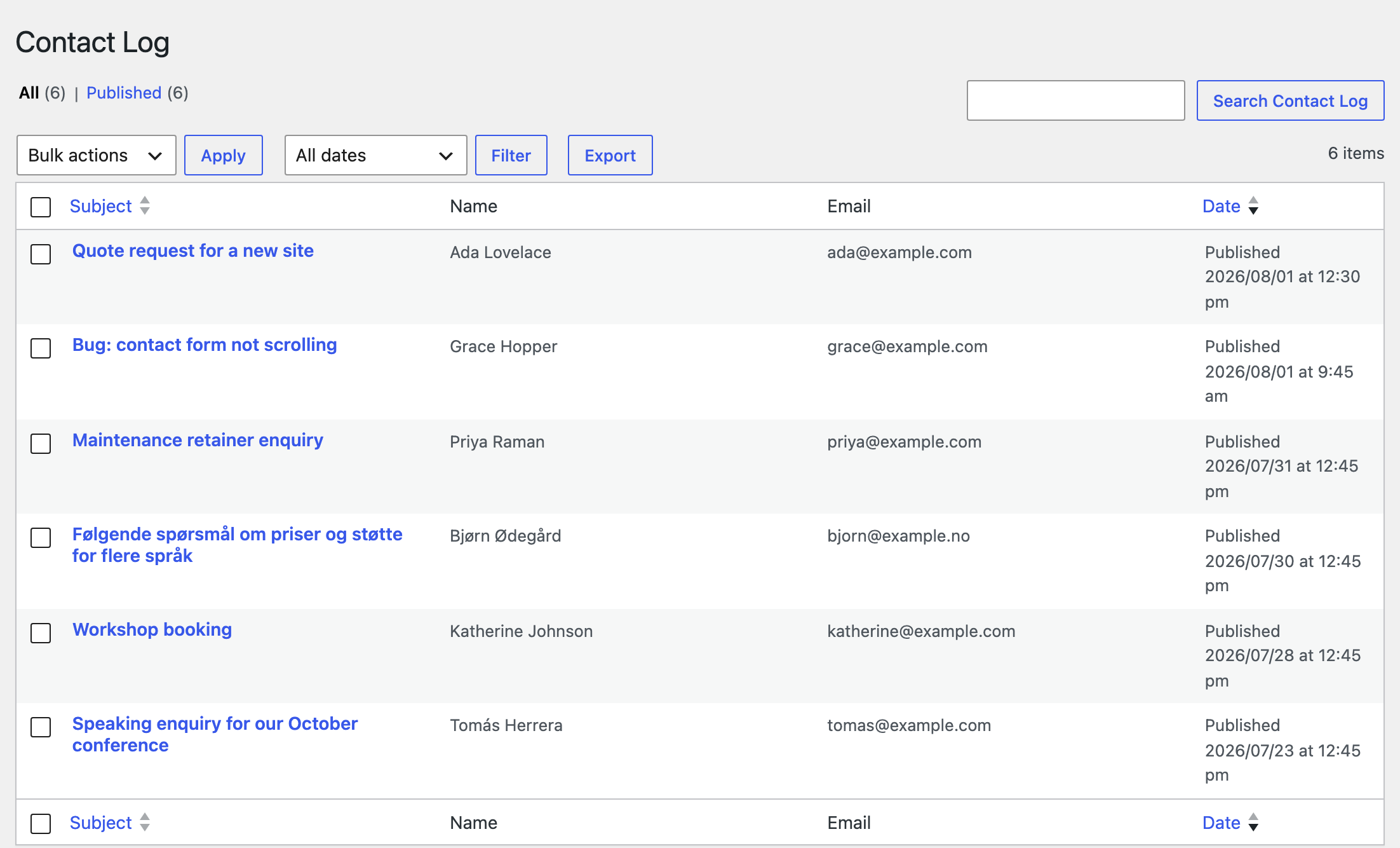 The Contact Log list with the Subject, Name, Email, and Date columns
