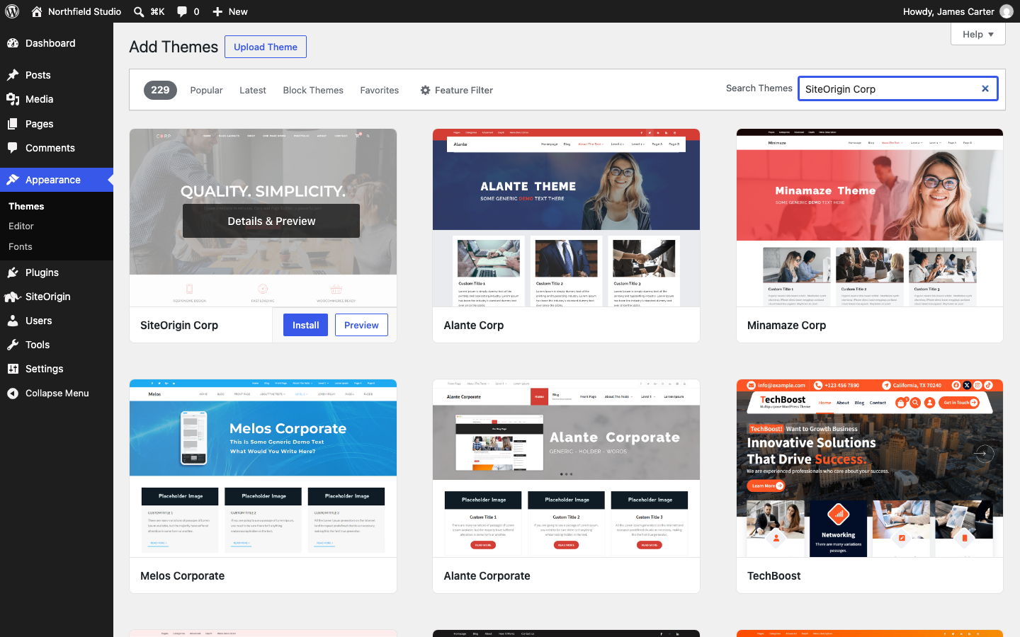 The Add Themes screen with SiteOrigin Corp typed in the search field and the SiteOrigin Corp card showing an Install button