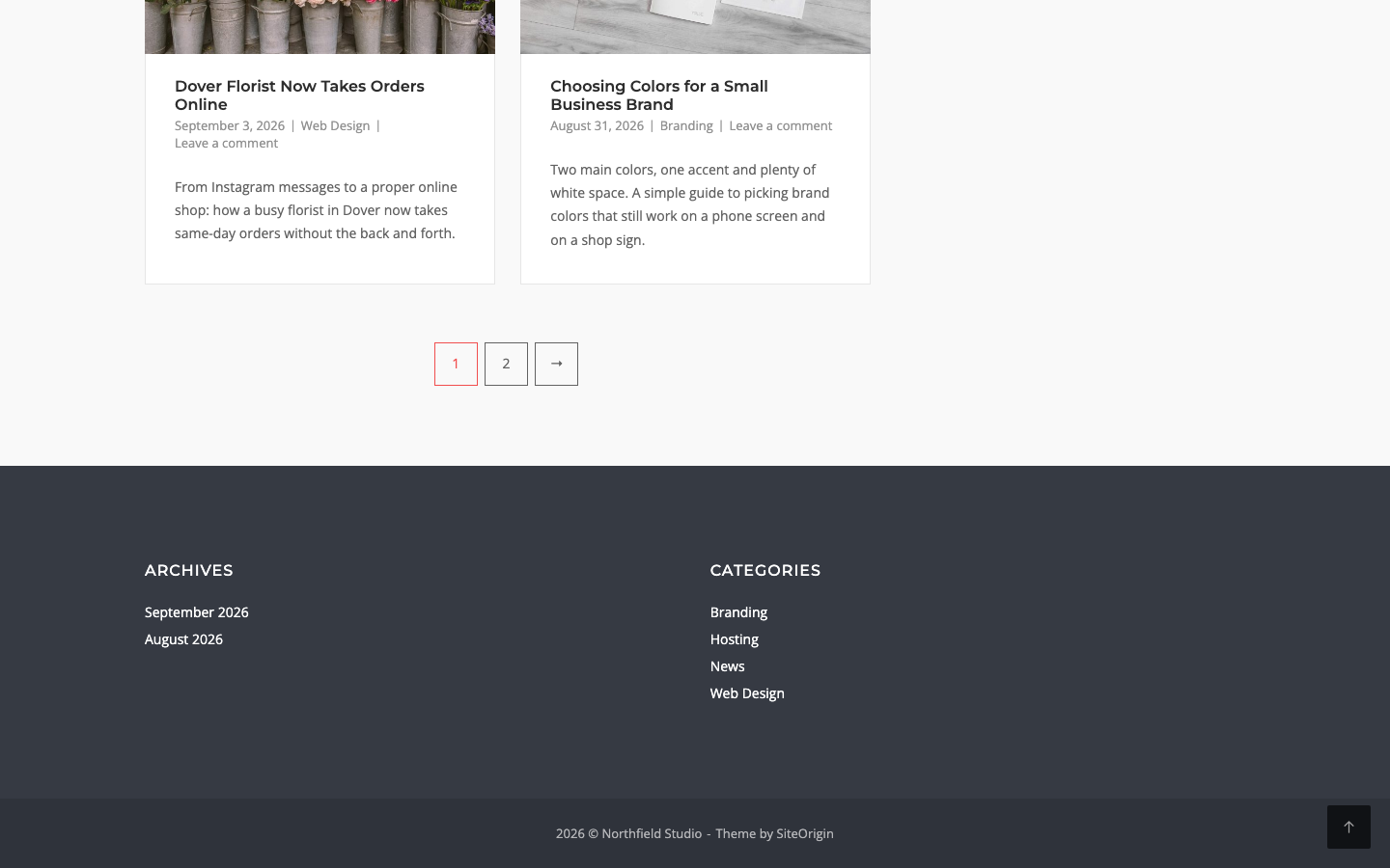 The footer of a Corp site with two footer widgets above the bottom bar