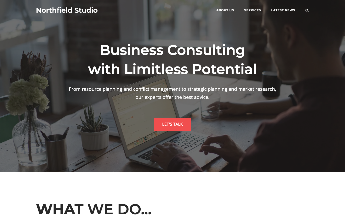 A one page site with a full width hero under an overlapping header, and a What We Do heading below