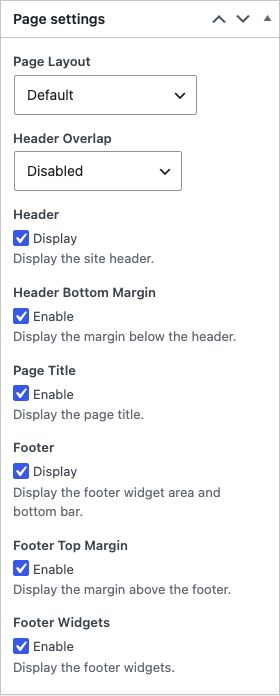 The Page settings box with Page Layout Default, Header Overlap Disabled, and the Header, Header Bottom Margin, Page Title, Footer, Footer Top Margin and Footer Widgets checkboxes on