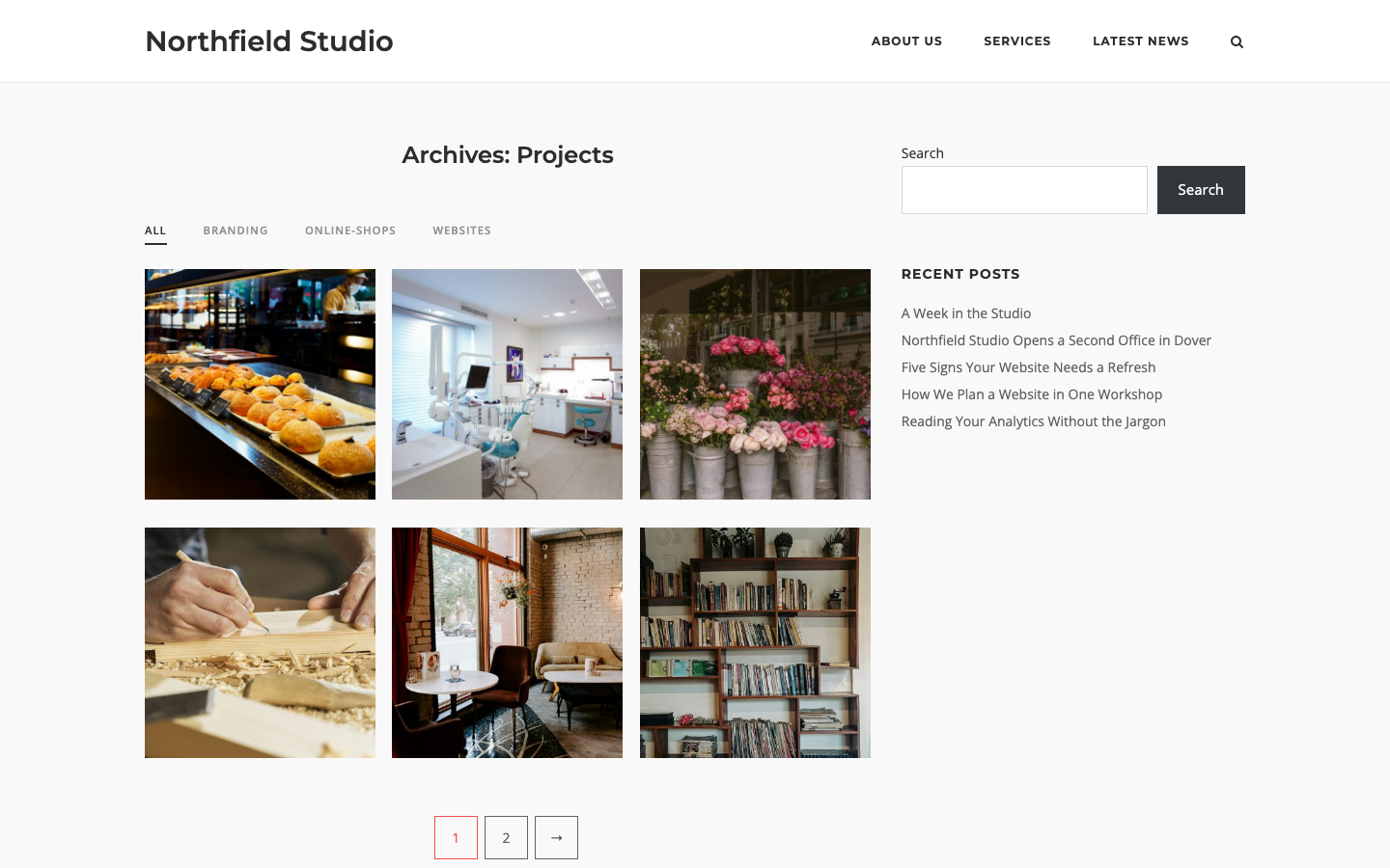 A portfolio page with project type filter buttons and a grid of project images with page numbers below