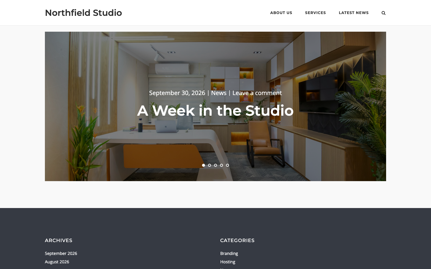 A posts slider with a featured image, the post details, the post title and slide dots