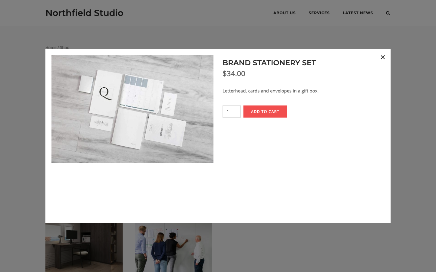 The Quick View window over the shop page showing the Brand Stationery Set image, title, price, description and Add to Cart button