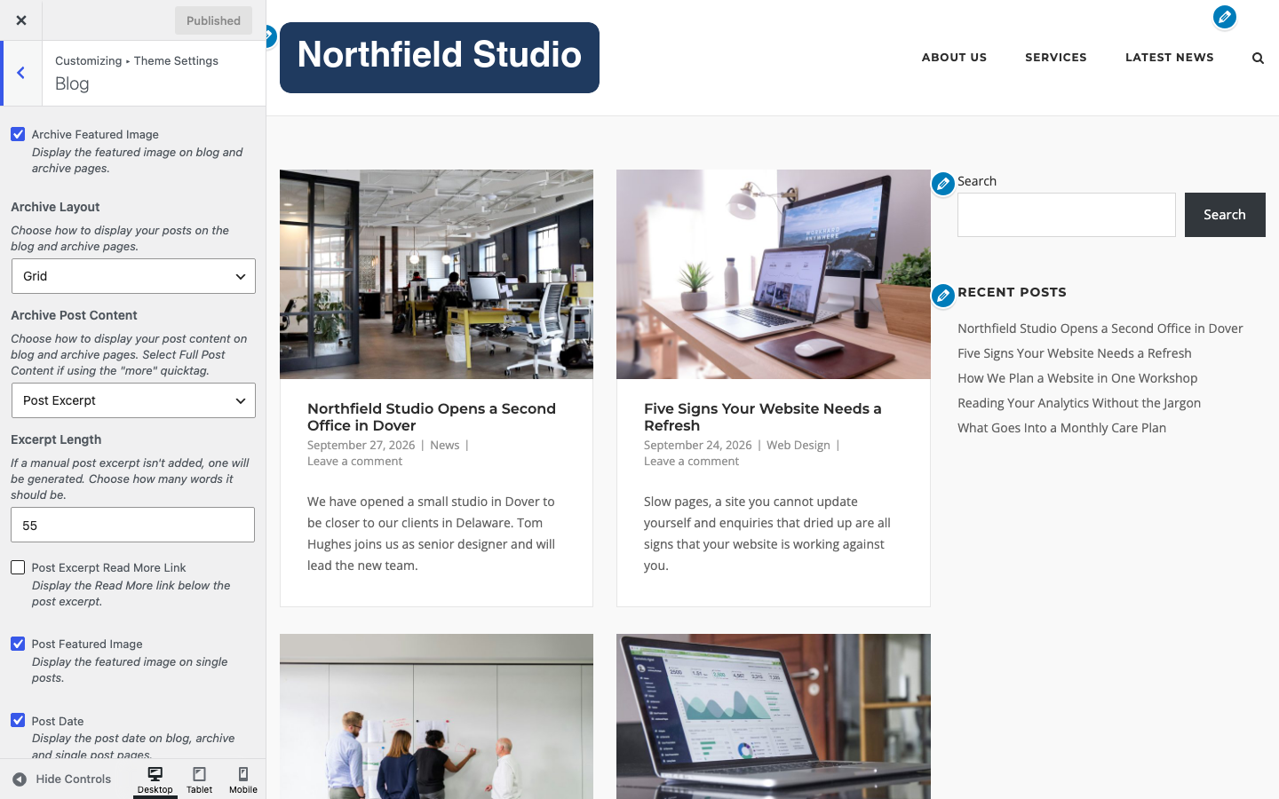 The Blog section of Theme Settings with Archive Layout and Archive Post Content