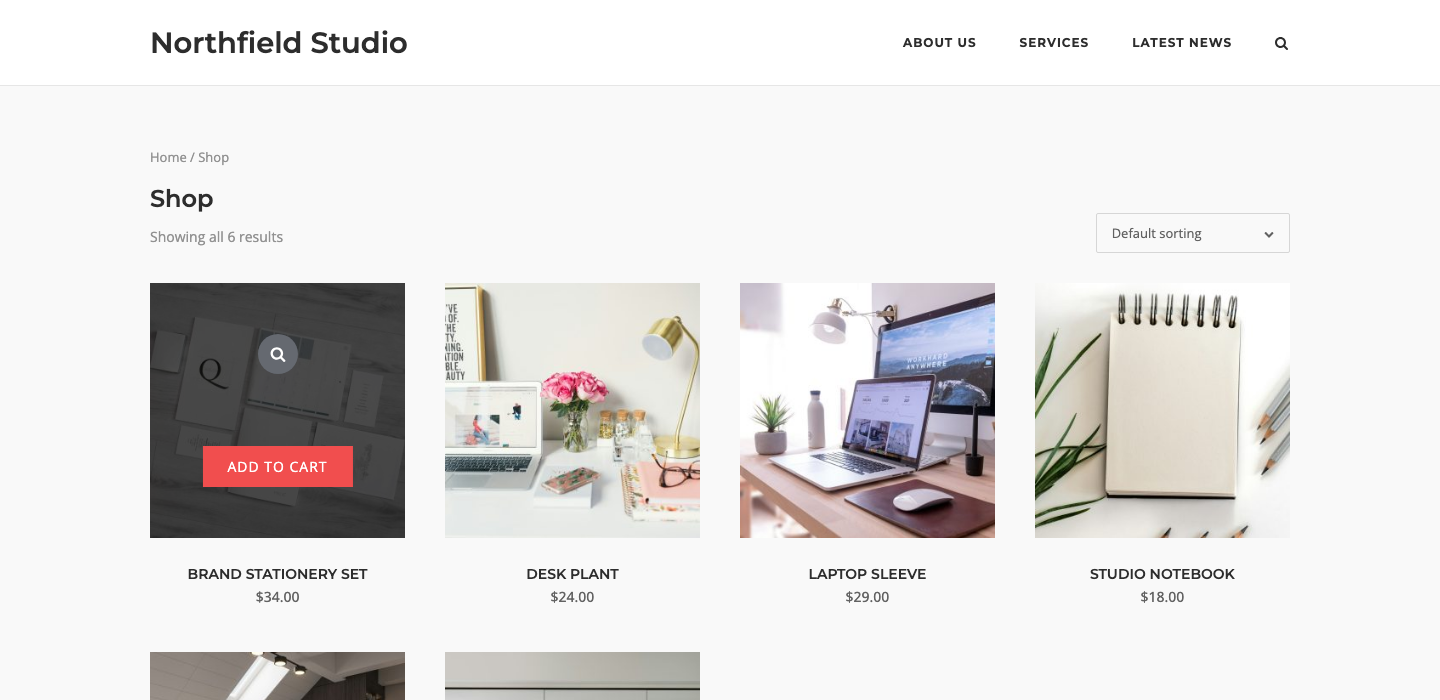 A shop page where the first product shows a Quick View icon and an Add to Cart button over its image
