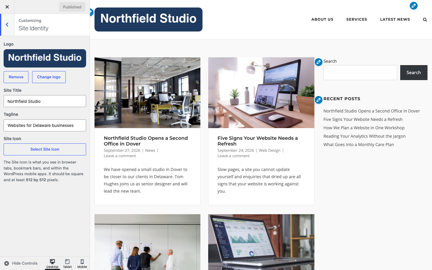 The Site Identity section with Logo, Site Title, Tagline and Site Icon