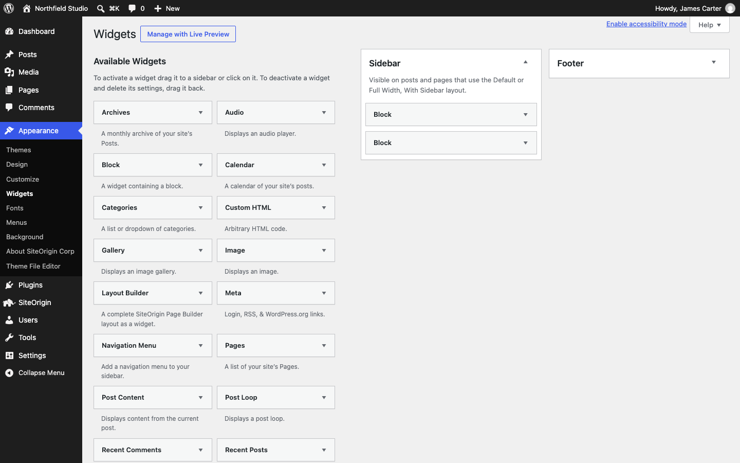 The Widgets screen showing the Sidebar and Footer widget areas
