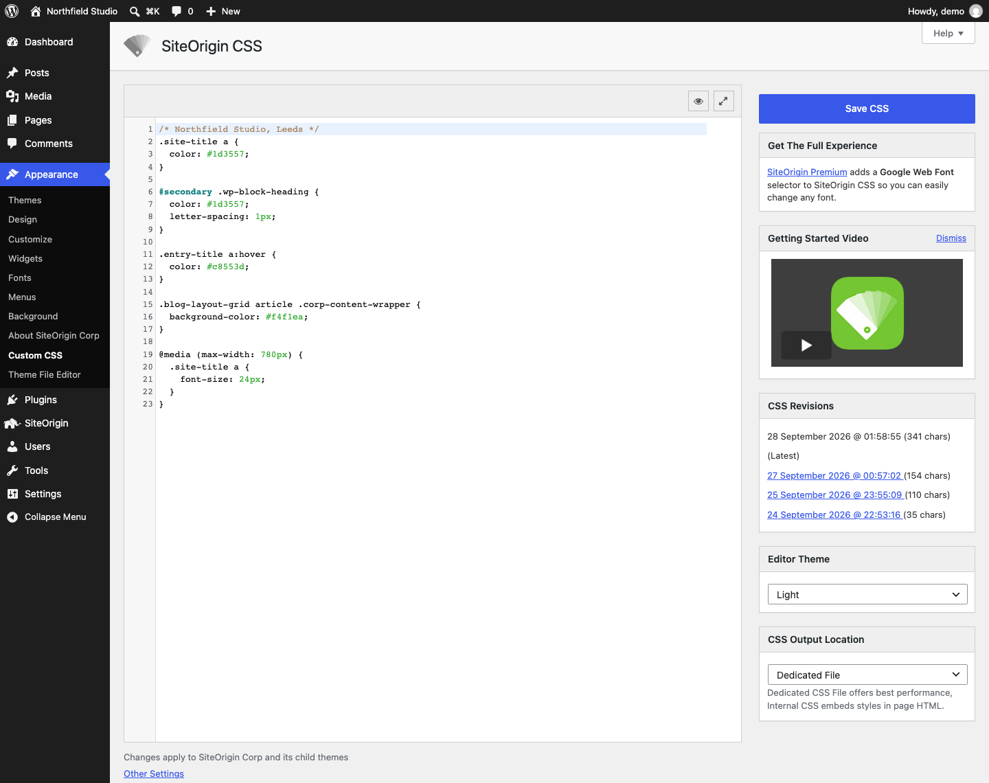 The SiteOrigin CSS editor with custom CSS, the Save CSS button and the CSS Revisions list