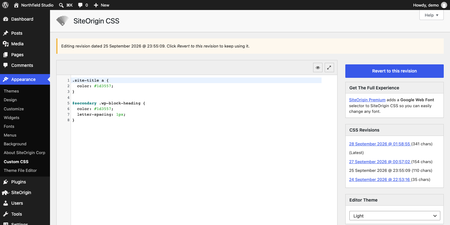 An older CSS revision loaded in the editor with the Revert to this revision button