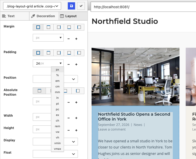 The Layout tab in Visual Mode with the Padding unit menu open