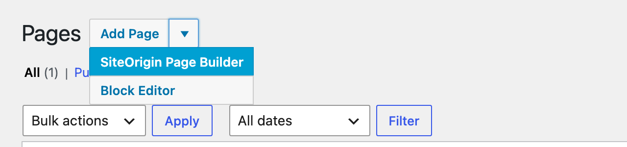 The Add Page menu with the SiteOrigin Page Builder and Block Editor options