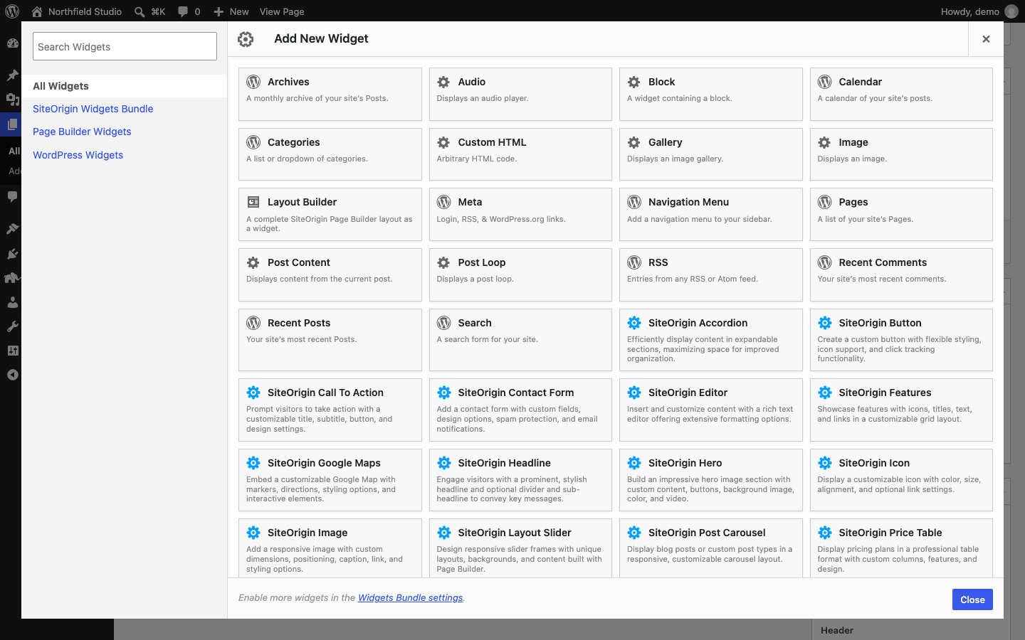 The Add Widget dialog with widget groups and search