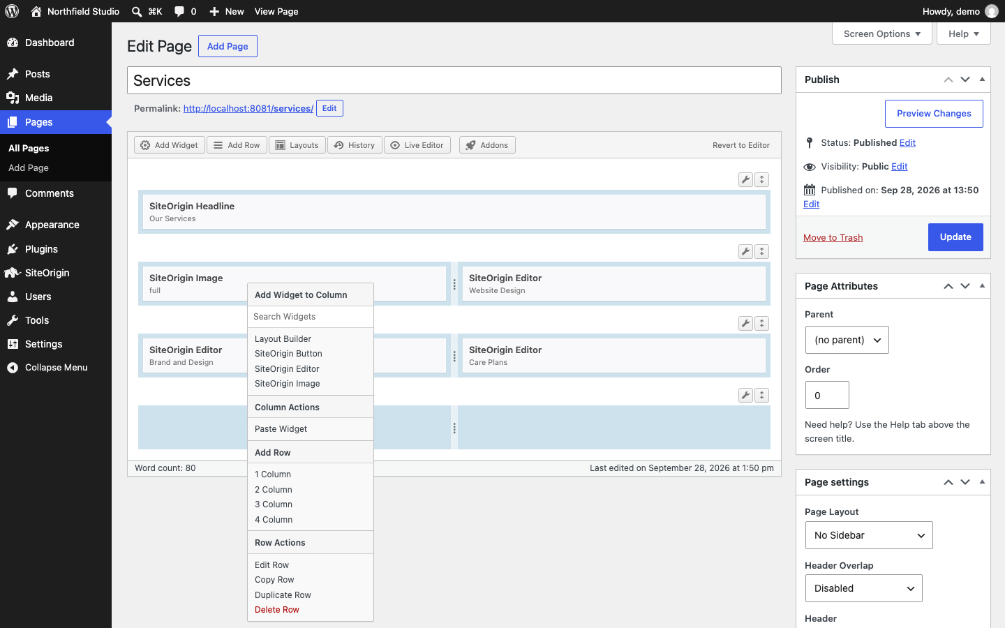The Page Builder right-click menu with copy and paste actions