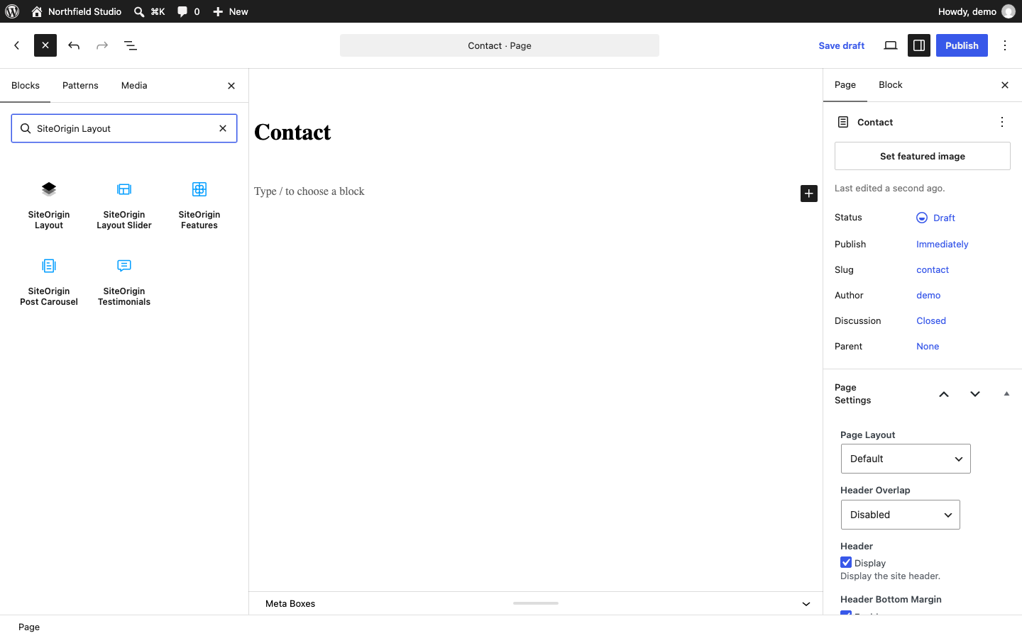 The Block Editor inserter showing the SiteOrigin Layout block