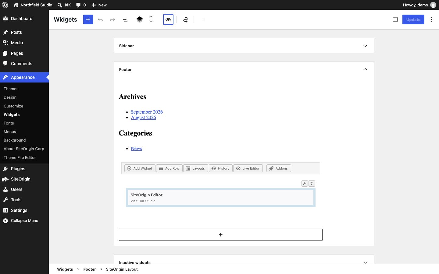 A SiteOrigin Layout block in a footer widget area
