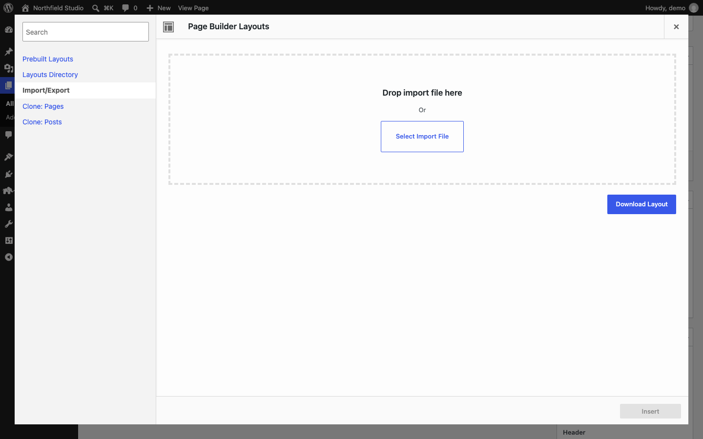 The Import/Export tab in the Layouts dialog