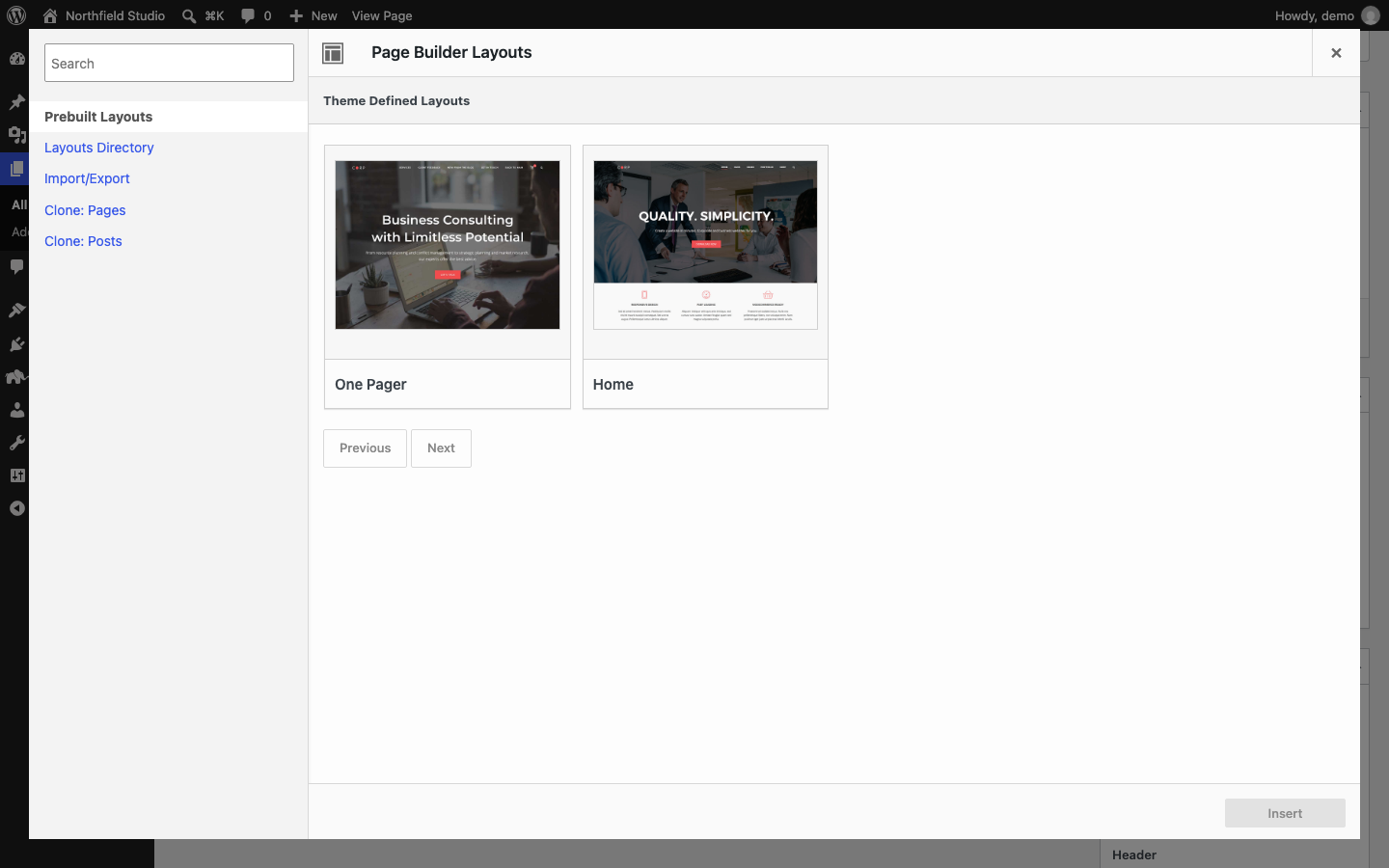 The Prebuilt Layouts tab with layouts from the theme