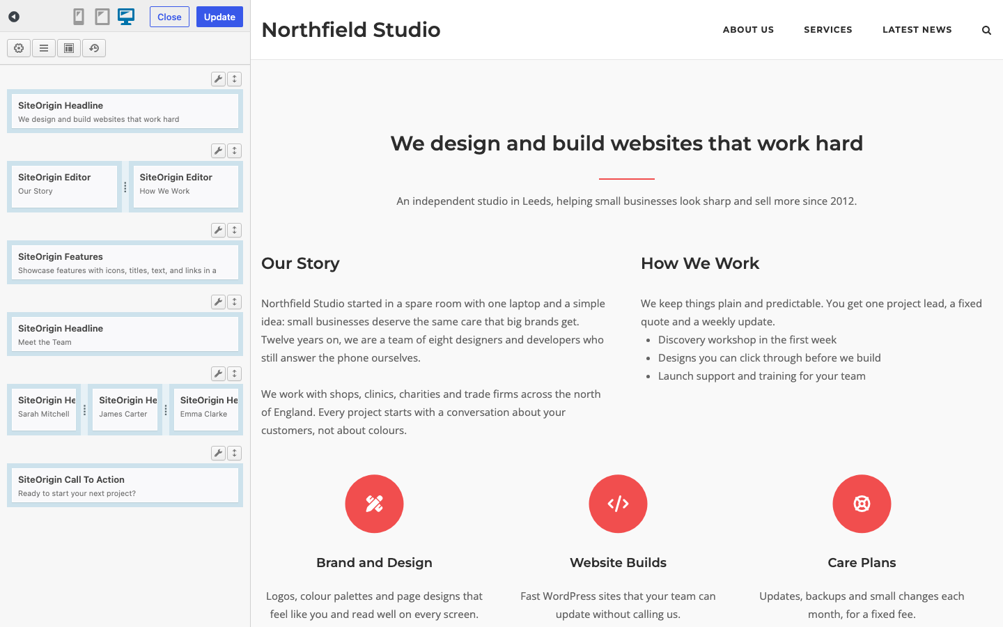 The Live Editor with the builder sidebar and a live preview