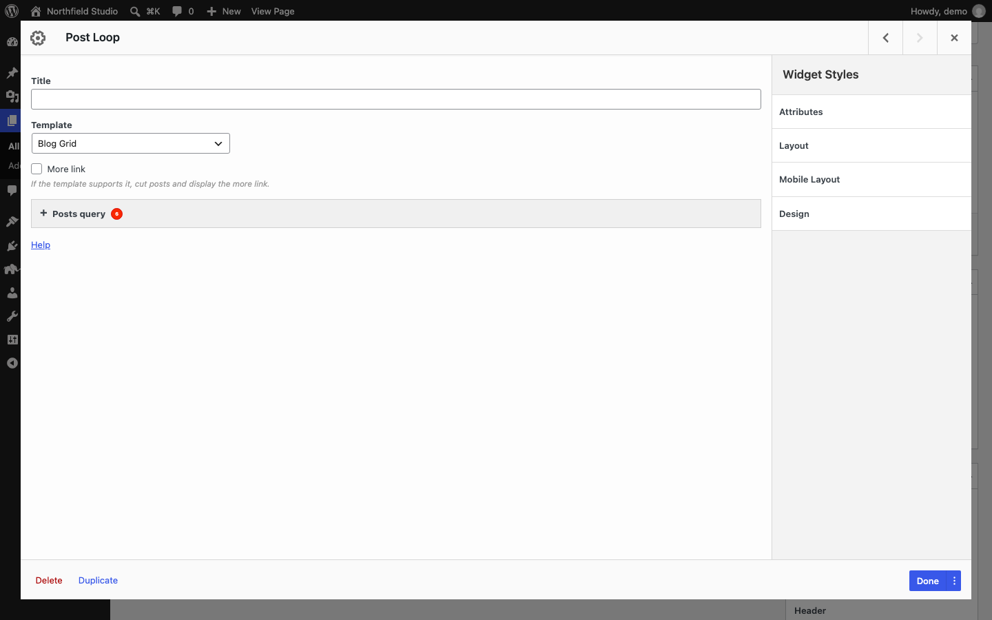 The Post Loop widget form