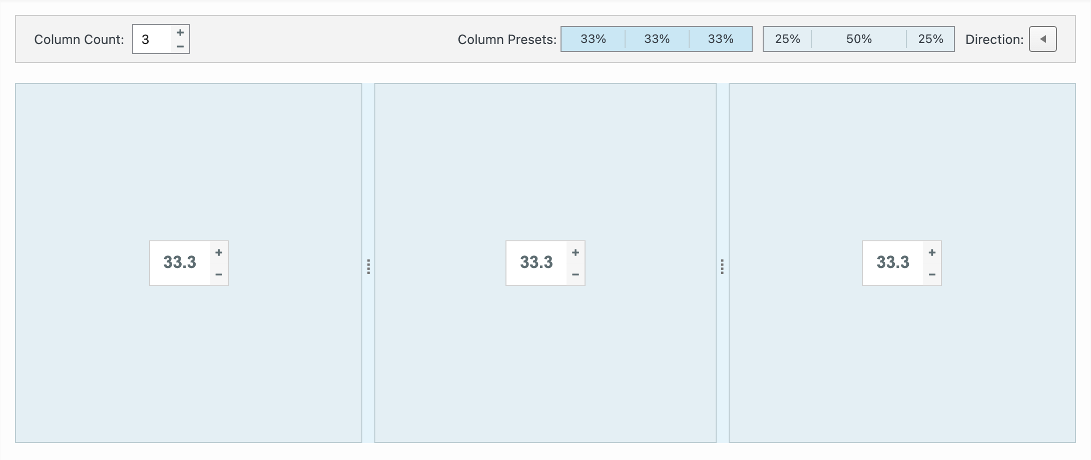 Column width fields with plus and minus buttons