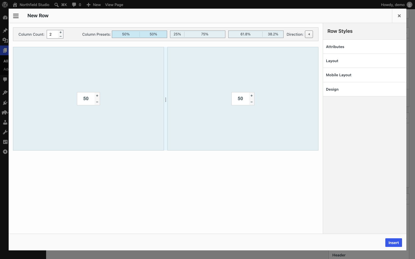 The New Row dialog with Column Count, Column Presets and Direction