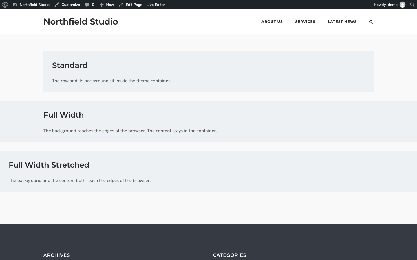 Standard, Full Width and Full Width Stretched rows on the front end