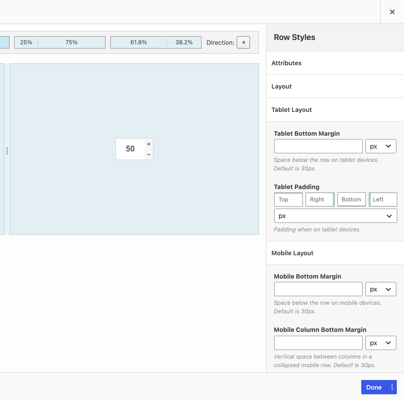 The Tablet Layout and Mobile Layout sections in Row Styles