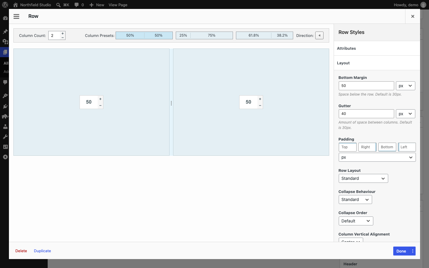 Row Styles, Layout section