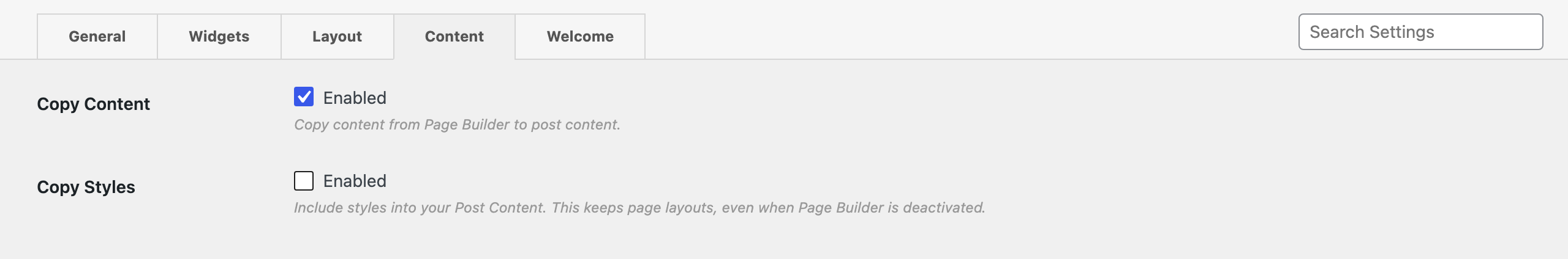 Page Builder settings, Content tab