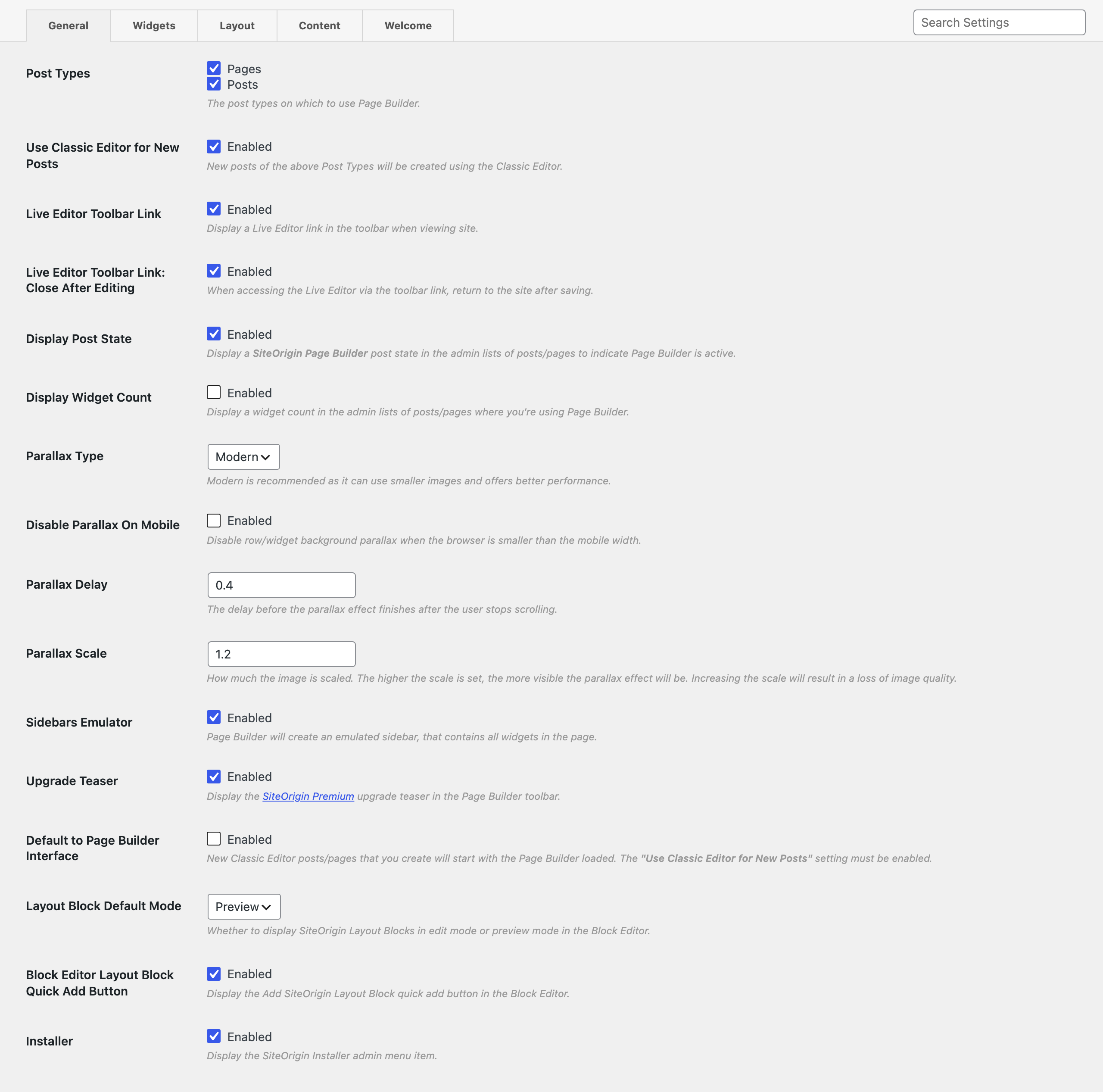 Page Builder settings, General tab