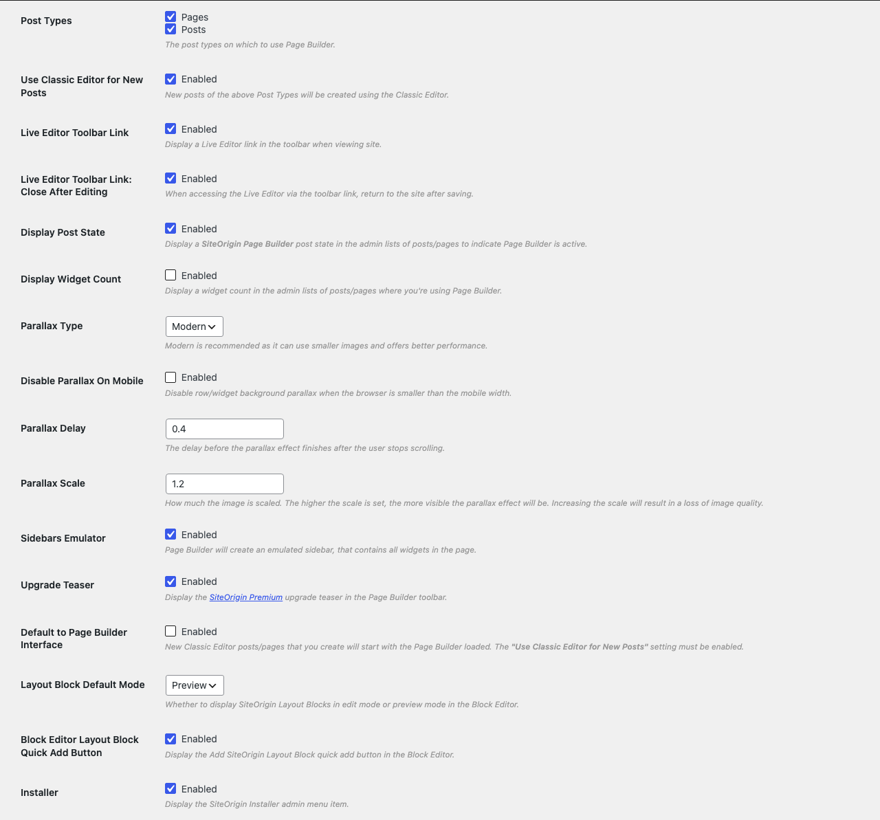 Page Builder General settings