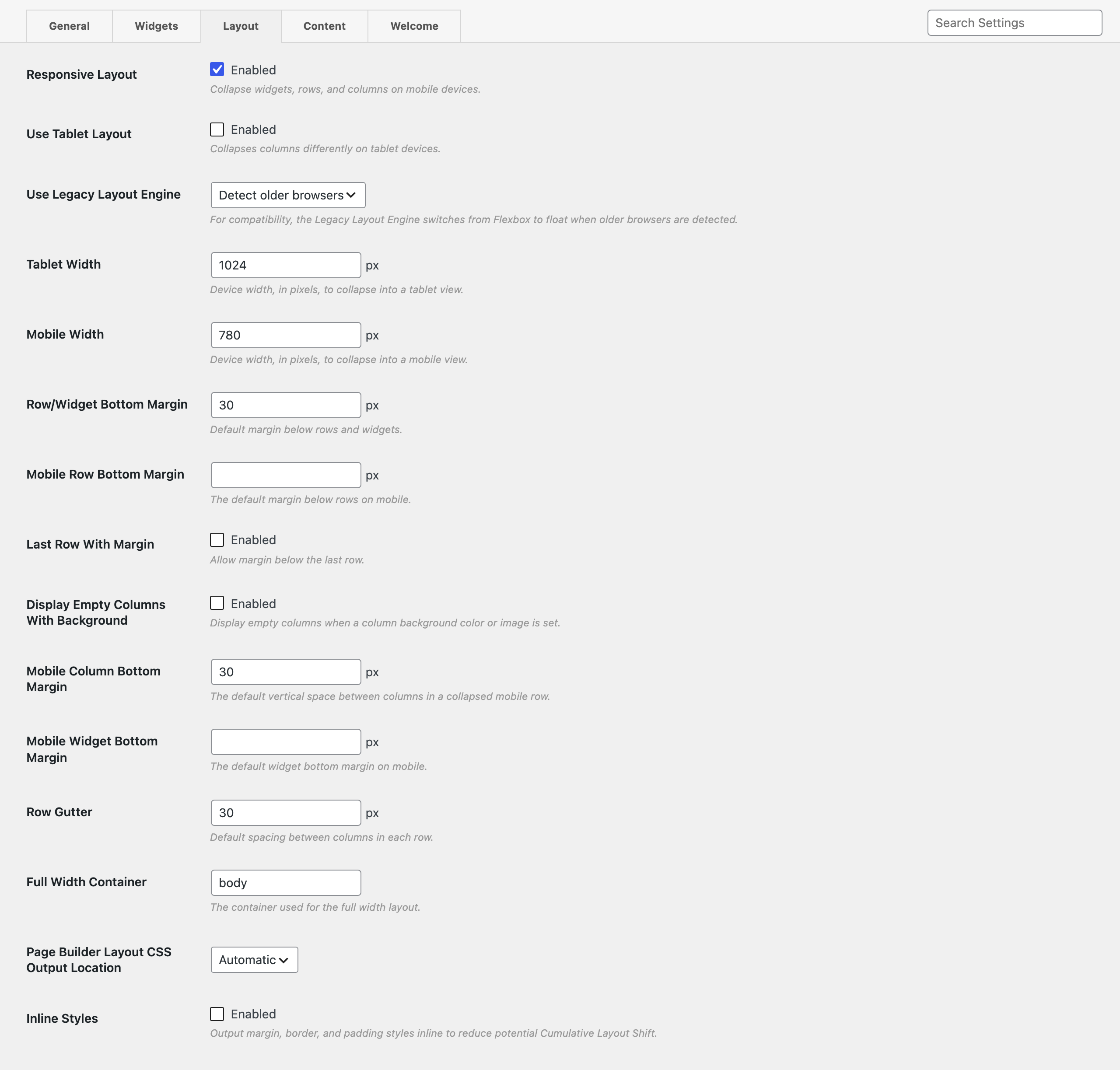 Page Builder settings, Layout tab