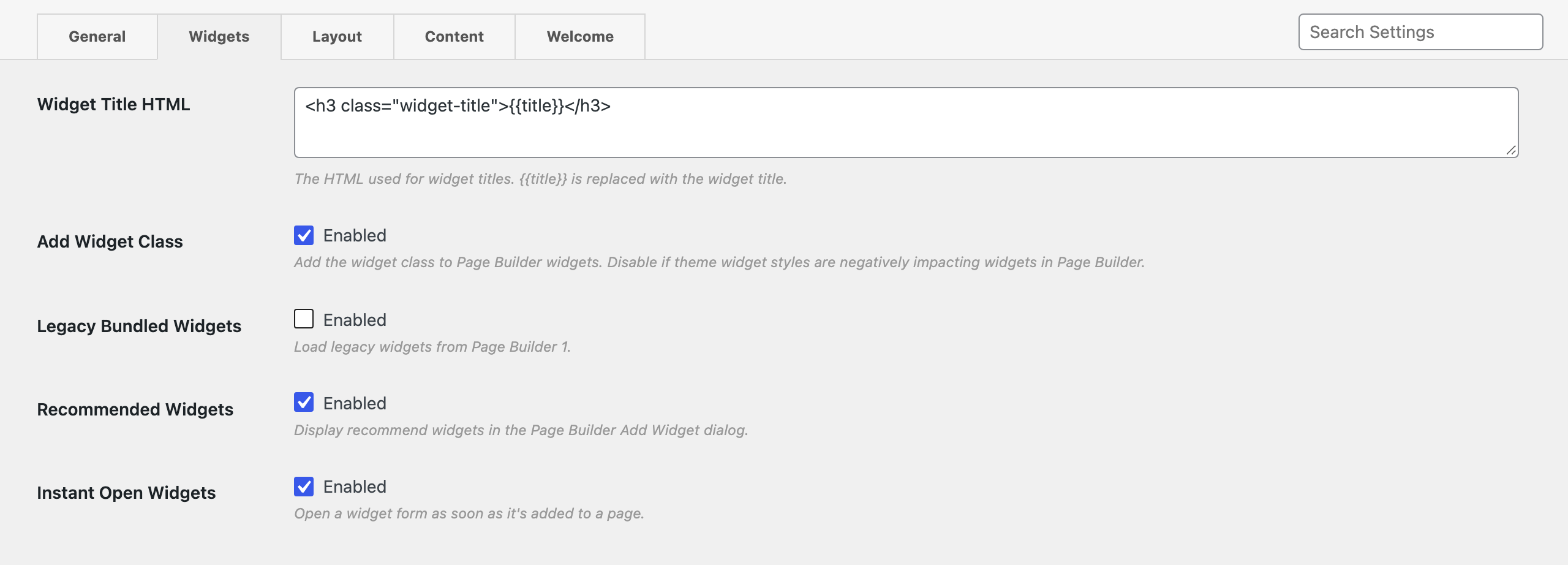 Page Builder settings, Widgets tab