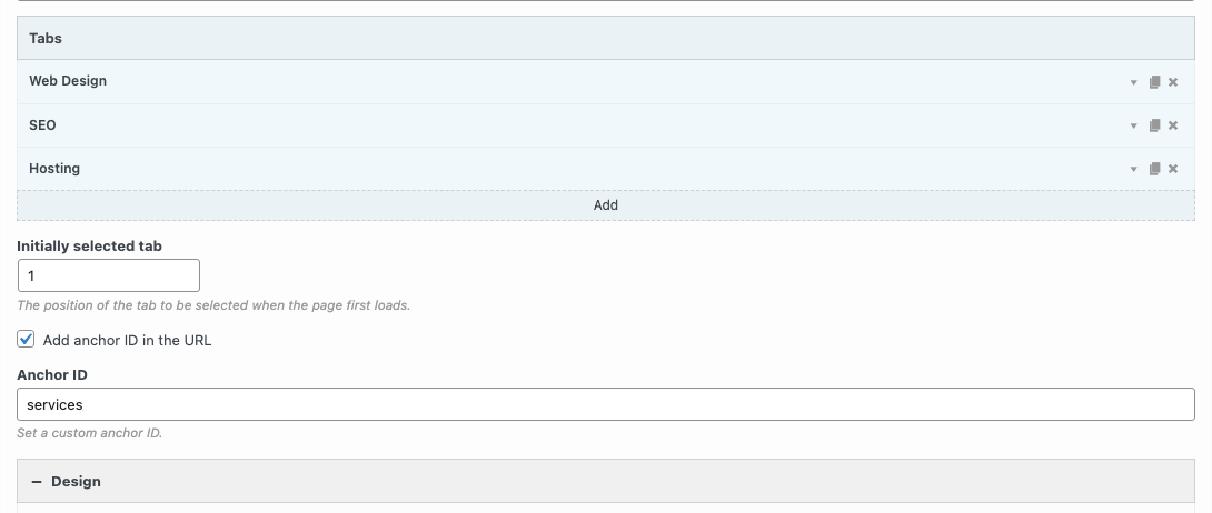 The Tabs widget form with Add anchor ID in the URL turned on and the Anchor ID set to services