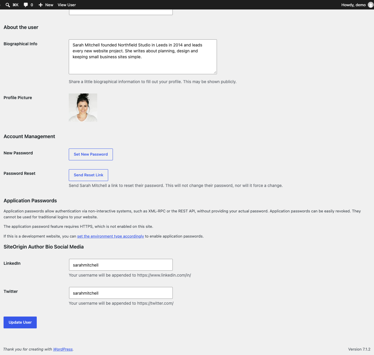 The SiteOrigin Author Bio Social Media section of a user profile with LinkedIn and X usernames
