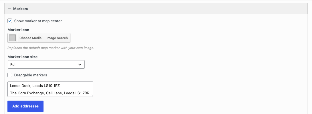 The Markers section of the Google Maps widget with two addresses in the bulk text area and the Add addresses button
