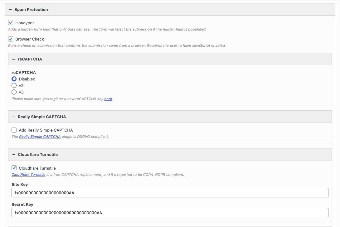 The Spam Protection section of the Contact Form widget with Cloudflare Turnstile turned on and test keys entered