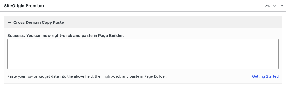 The Cross Domain Copy Paste field in the SiteOrigin Premium meta box after a successful paste