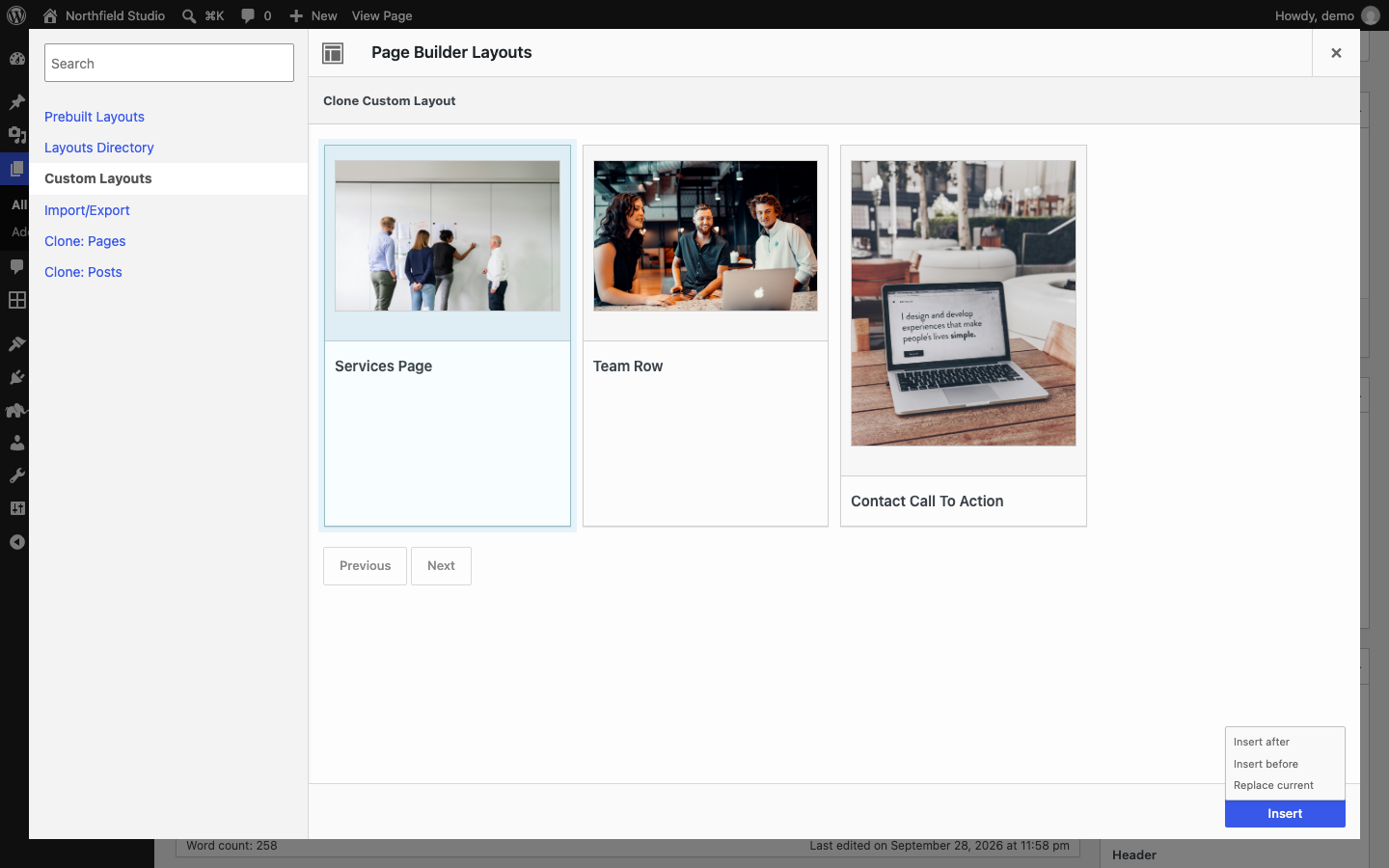 The Custom Layouts tab of the Page Builder Layouts dialog with three custom layouts and the Insert menu